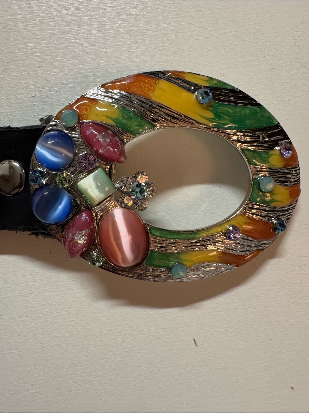 Enamel Colorful Rhinestone Belt Buckle and Faux Black Leather Belt, 32-38”